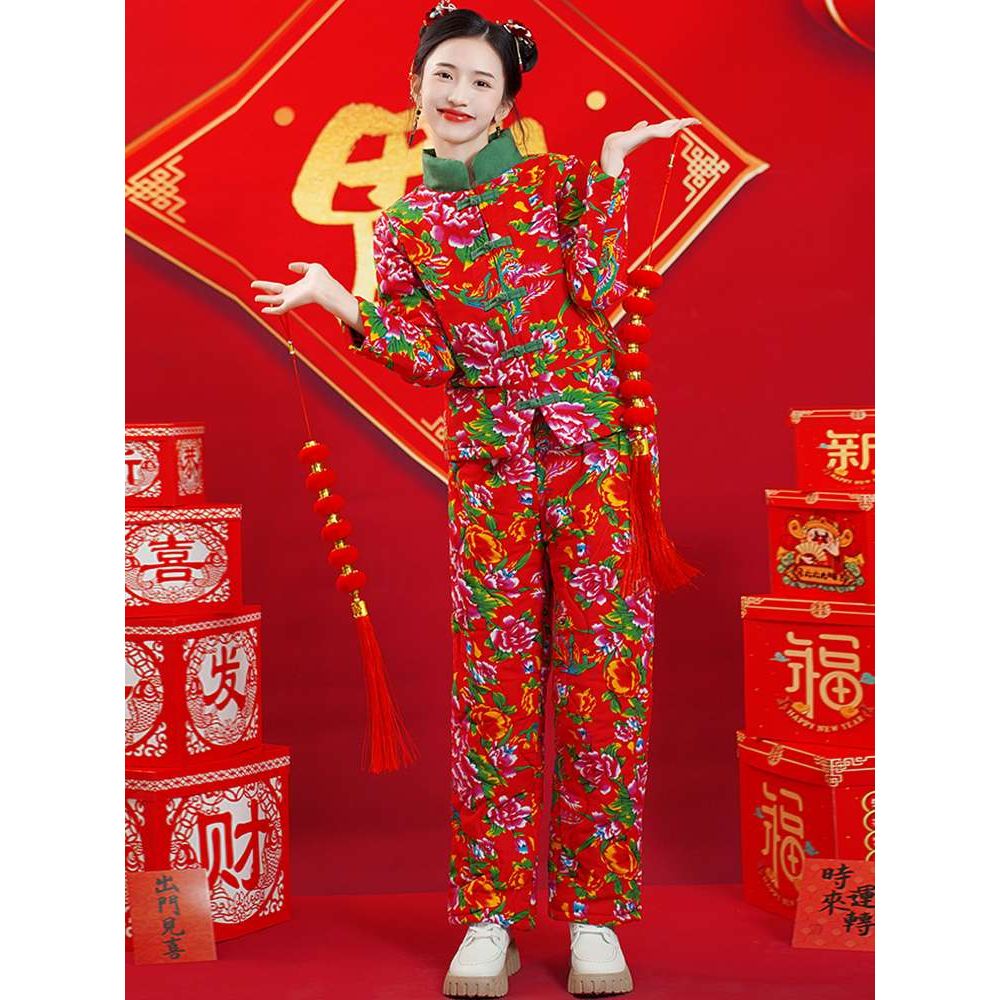 东北大花棉袄2024年冬季加厚时尚碎花棉服套装民族风盘扣棉衣棉裤