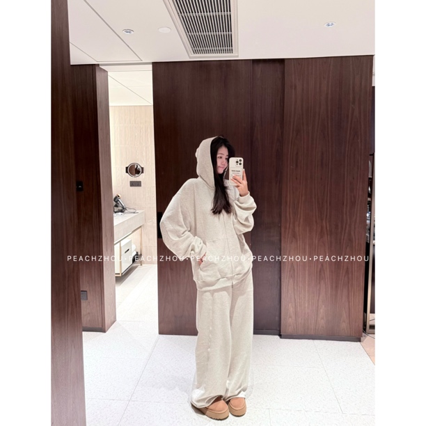 PEACHZHOU 纯棉抓绒纯色宽松连帽拉链卫衣外套松紧腰运动感阔腿裤