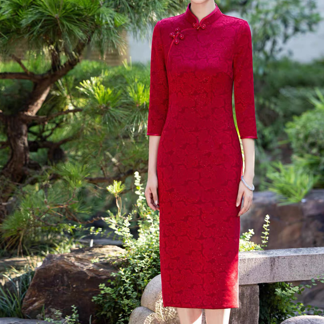 花色针织低开衩短袖玫瑰花旗袍春秋中长款复古时尚