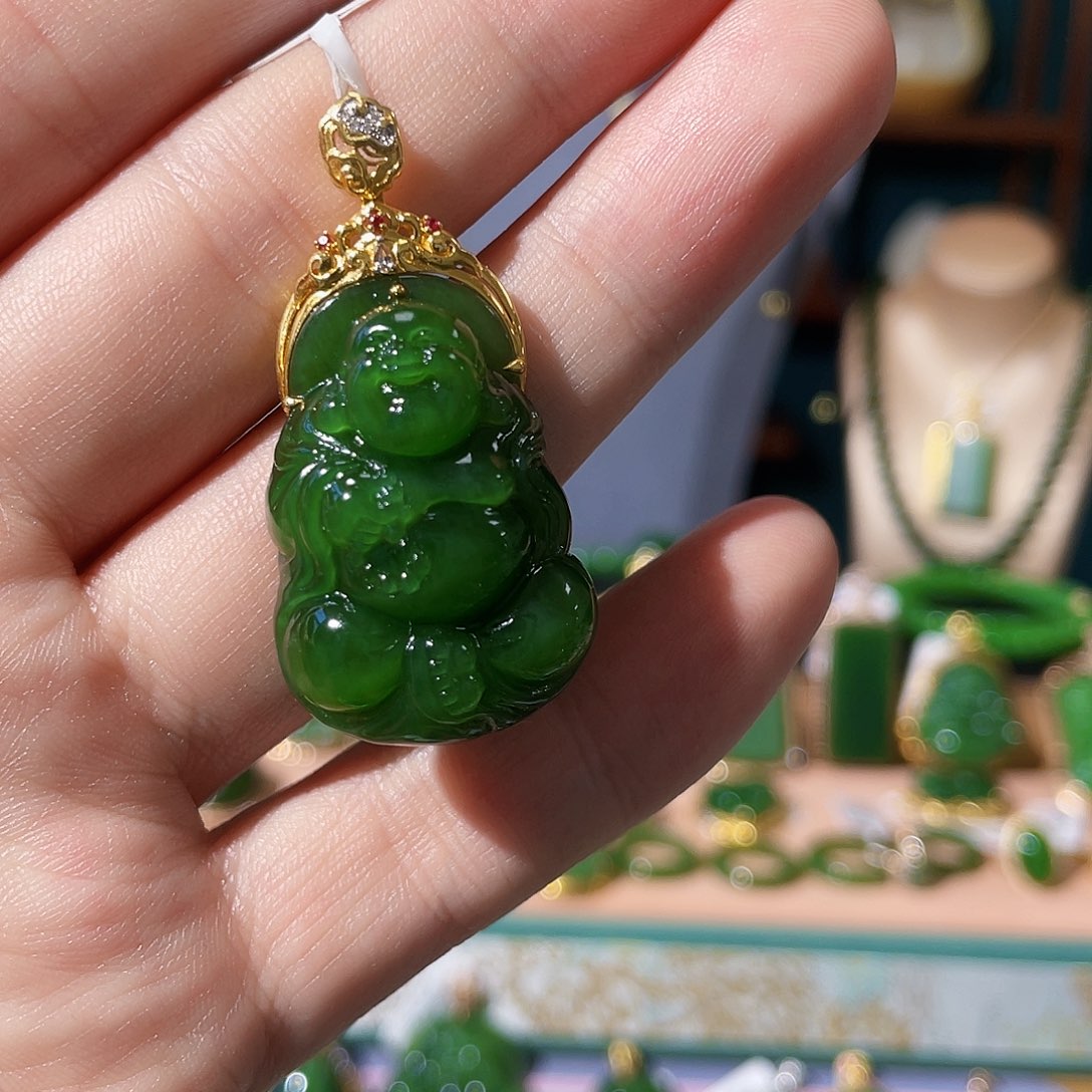 和田玉（碧玉）吊坠18K金镶嵌蓓*