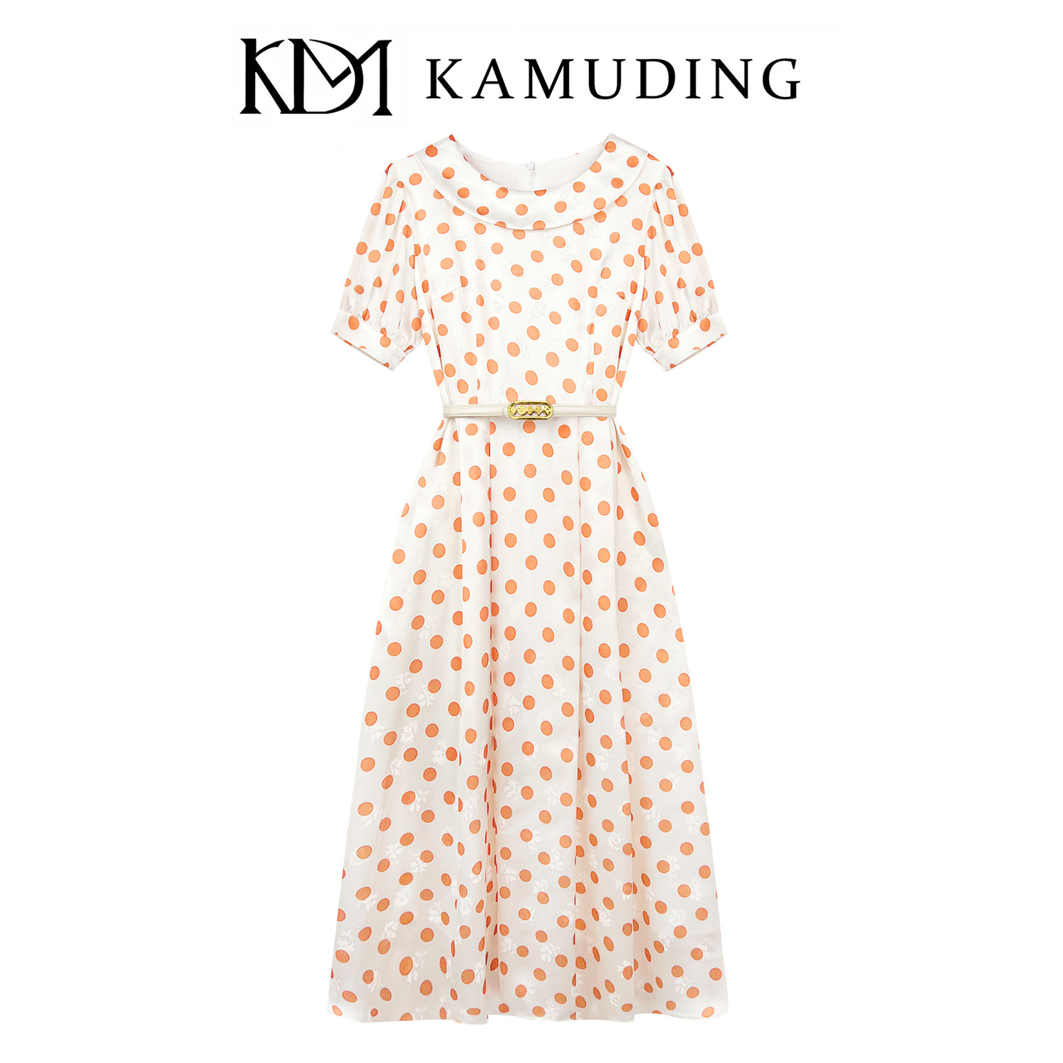 KAMUDING2025夏季新款法式暖橙波点圆领短袖收腰显瘦连衣裙8861