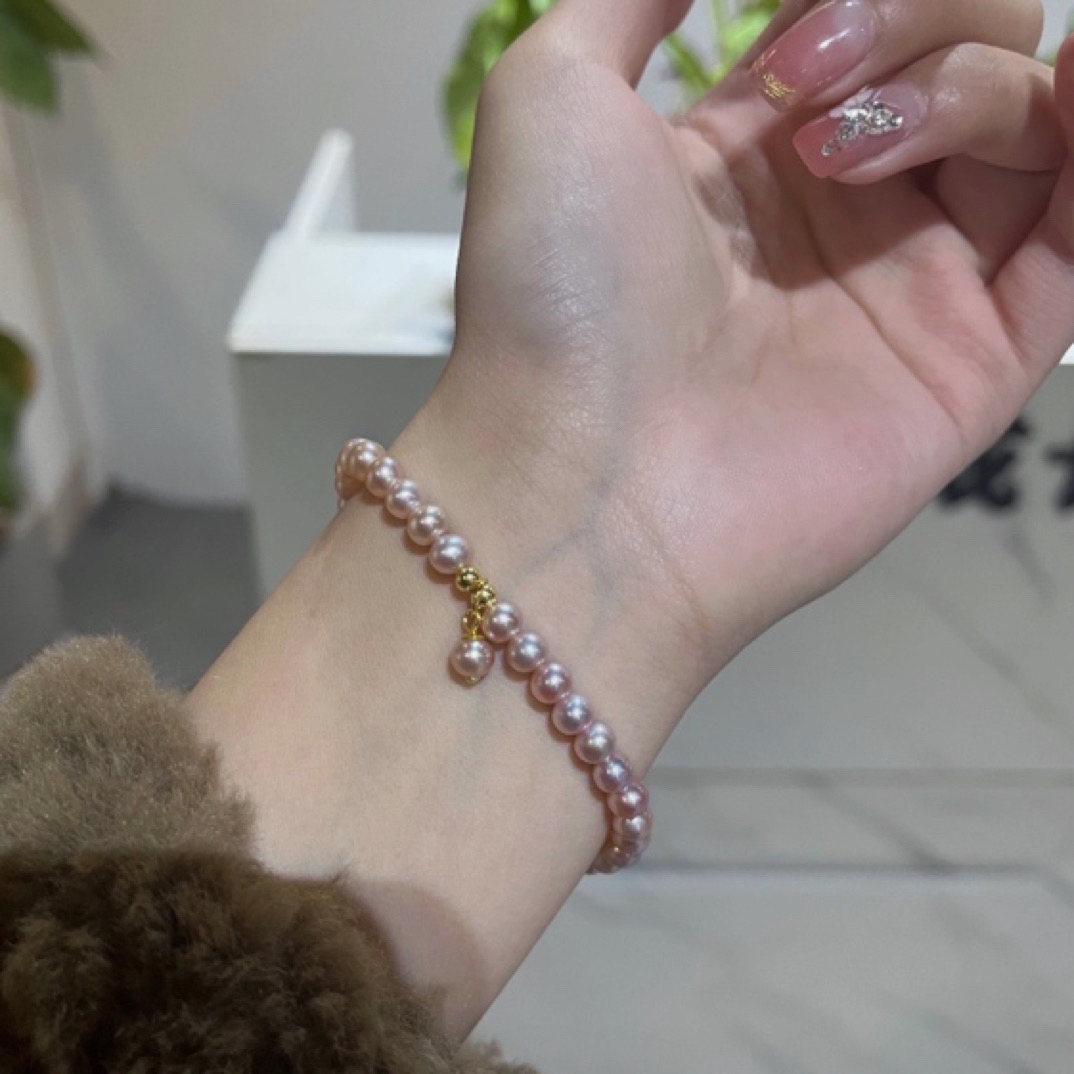 【新货稀有色】5-6m冰莓粉紫色7a+珍珠小滴流弹力绳淡水无核珍珠