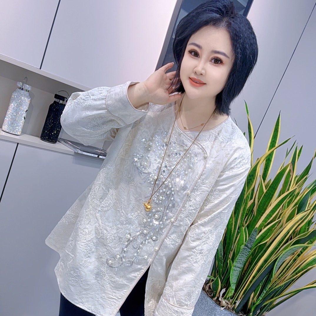 【娟姐精选】3265欧货重工亚麻刺绣胸前拼珍珠斜襟边时尚减龄洋气衫