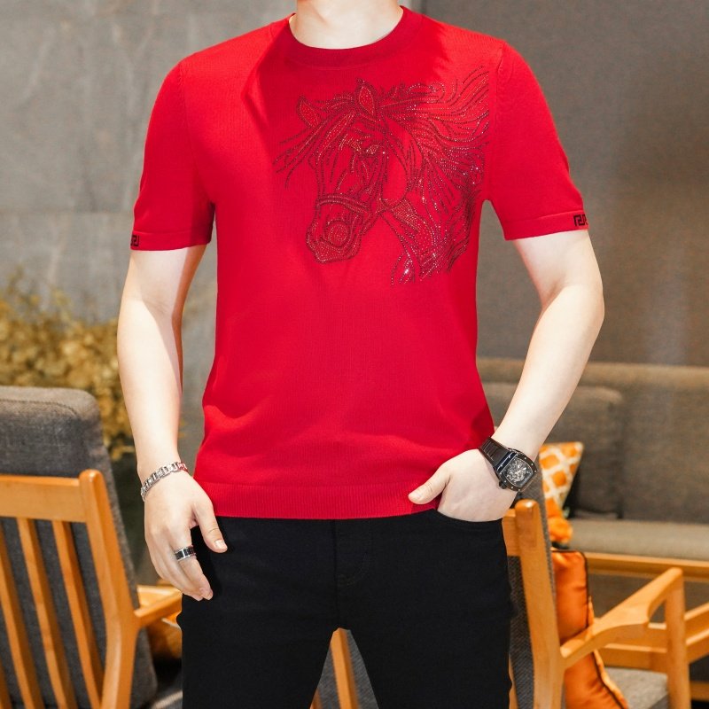 马年定制款秋冬季新款时尚潮流红色本命年圆领针织短袖打底衫