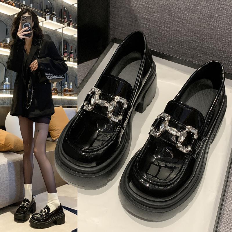 红蜻蜓精选大头厚底乐福鞋女2025春季新款百搭法式复古水钻黑色英