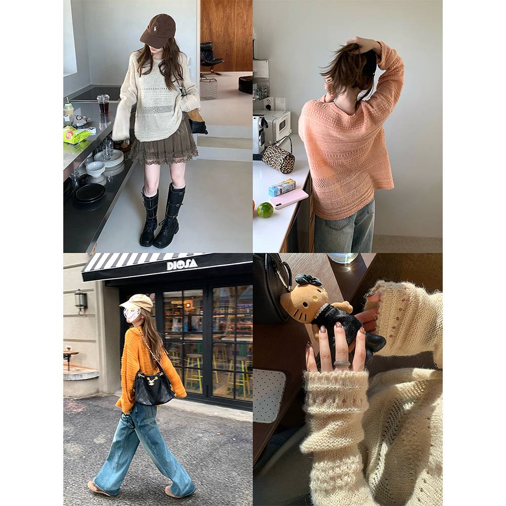 【闲暇周末】镂空提花圆领宽松慵懒针织罩衫上衣女22066#