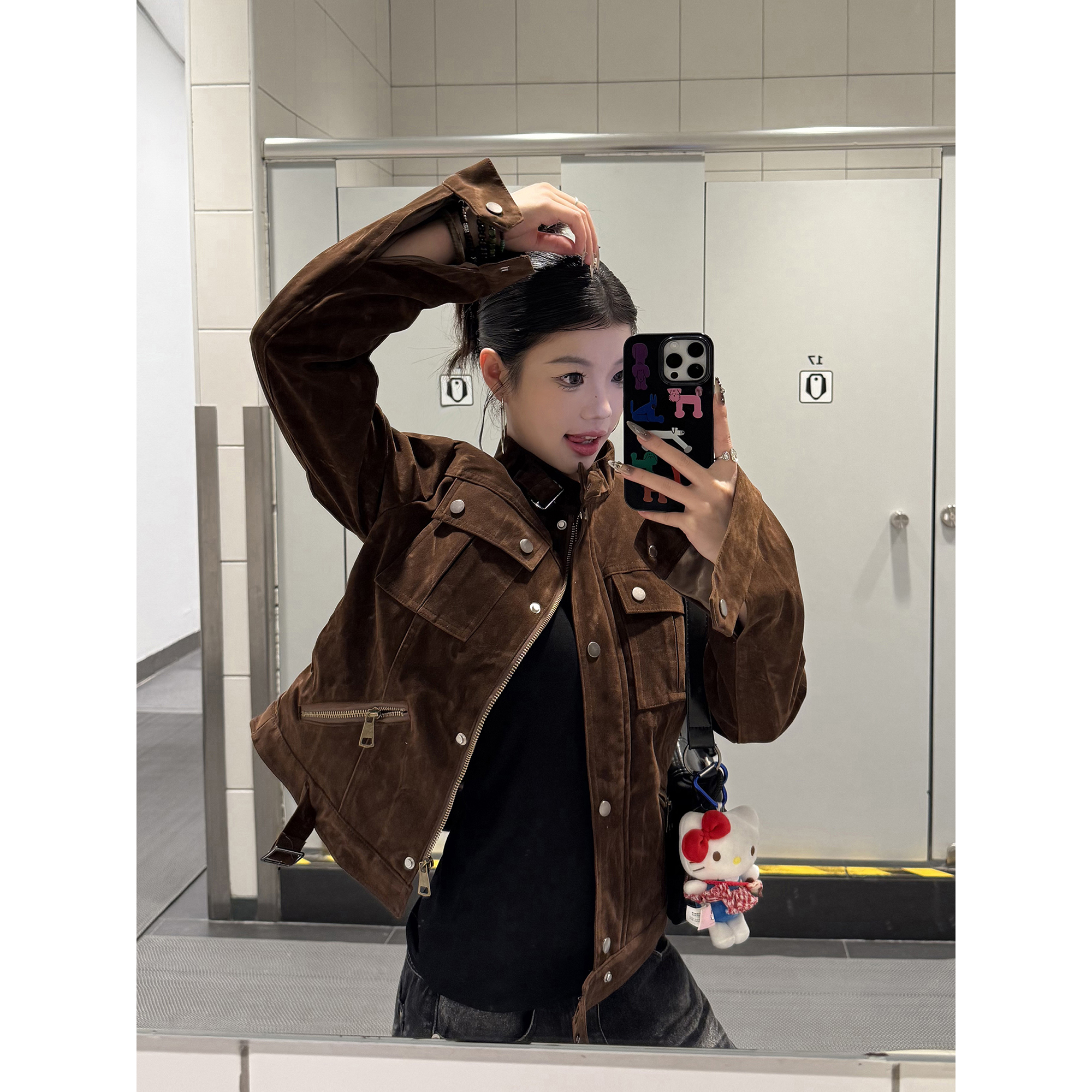 【清仓+110-1725】麂皮绒美式复古棕色夹克女秋立领短款正肩上衣