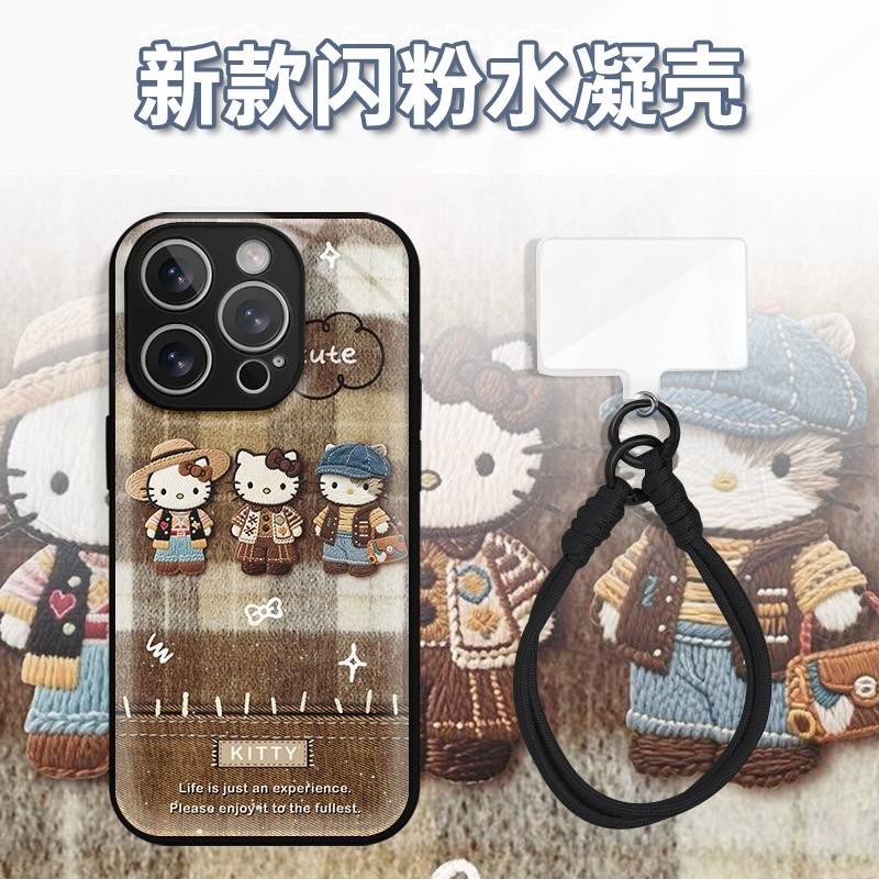 棕布三KT牛仔格纹水凝玻璃壳适用iPhone苹果16手机壳华为oppo小米