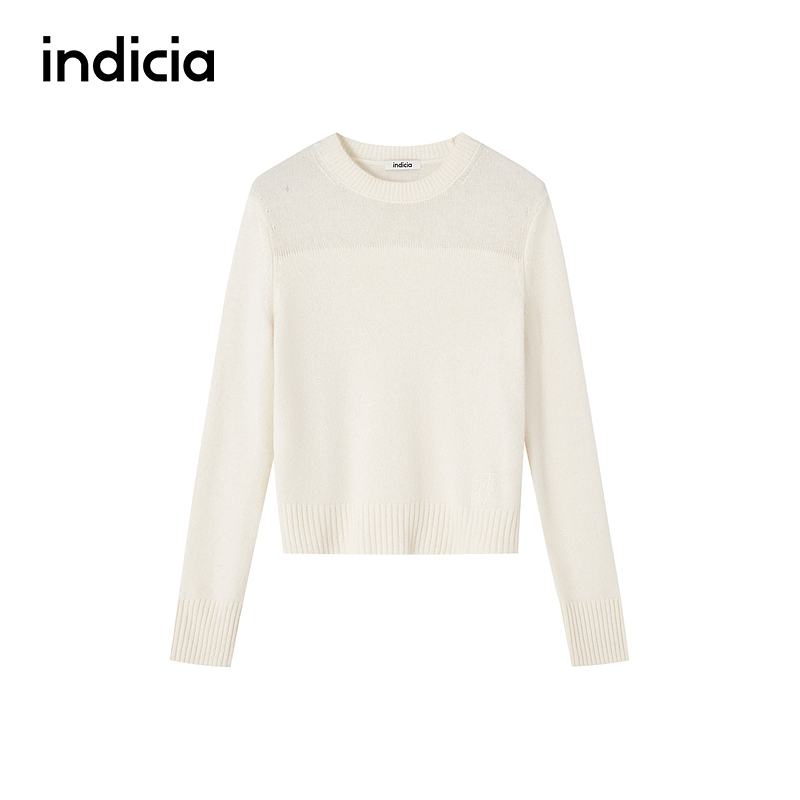 indicia标记商场100%山羊绒简约白色圆领针织打底衫F2D4MS764C
