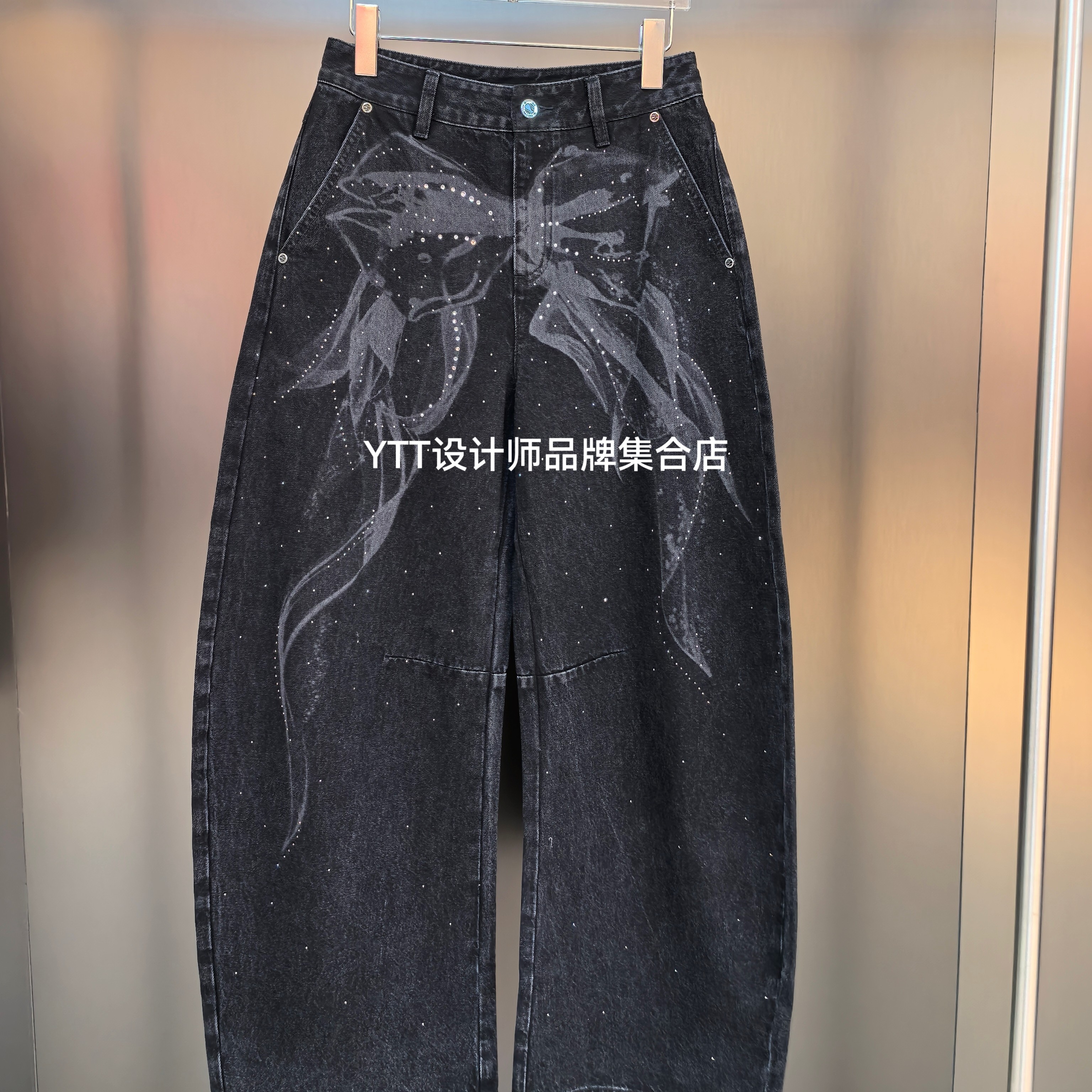 顺丰包邮 UHOT诱货2026春夏新款黑色宽松蝴蝶结印花阔腿牛仔裤