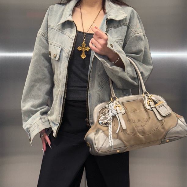 95新 Prada/普拉达 prada皇冠系列布拼皮软板保龄球包