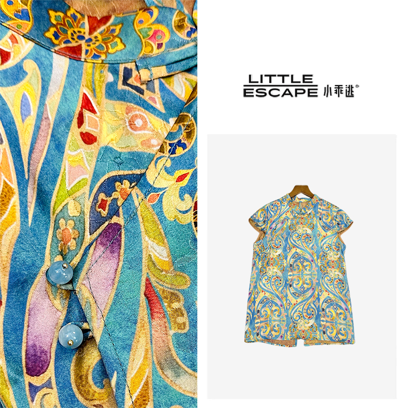 小乖逃25 新中式国风蓝色衬衫上衣飞飞袖凤凰开叉马甲 S25472