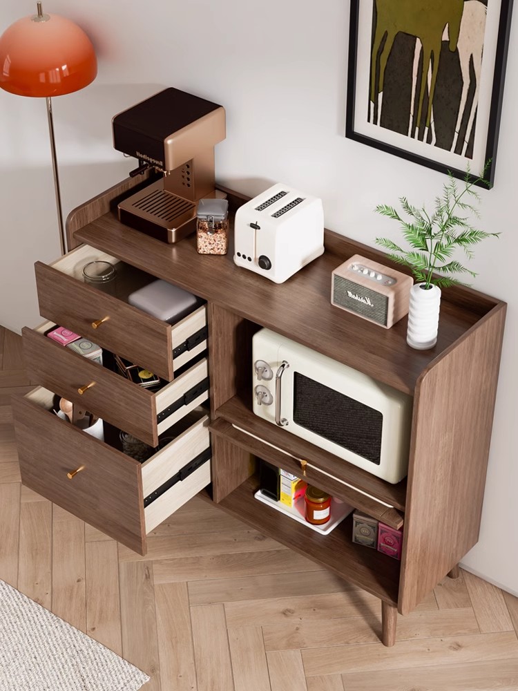 藤编餐边柜实木靠墙一体橱柜家用厨房微波炉柜客厅茶水储物柜黑色