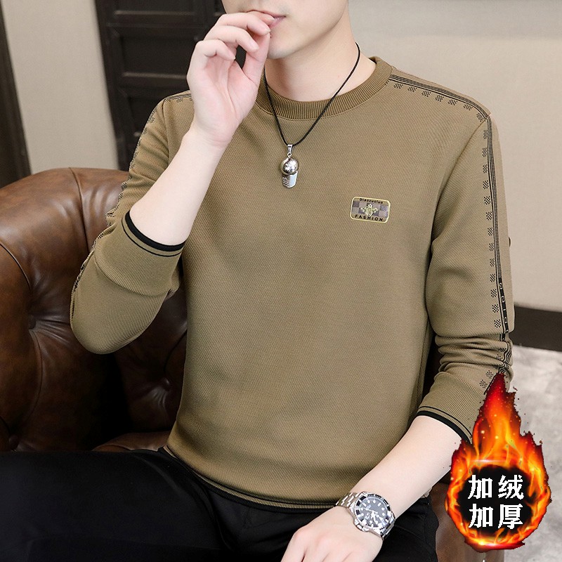 【棉】2025秋冬季新款长袖T恤时尚加绒加厚男士套头圆领卫衣宽松