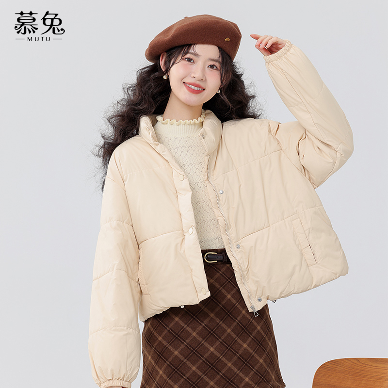 奶fufu色立领棉衣棉服女2025冬季新款小个子加厚面包服外套
