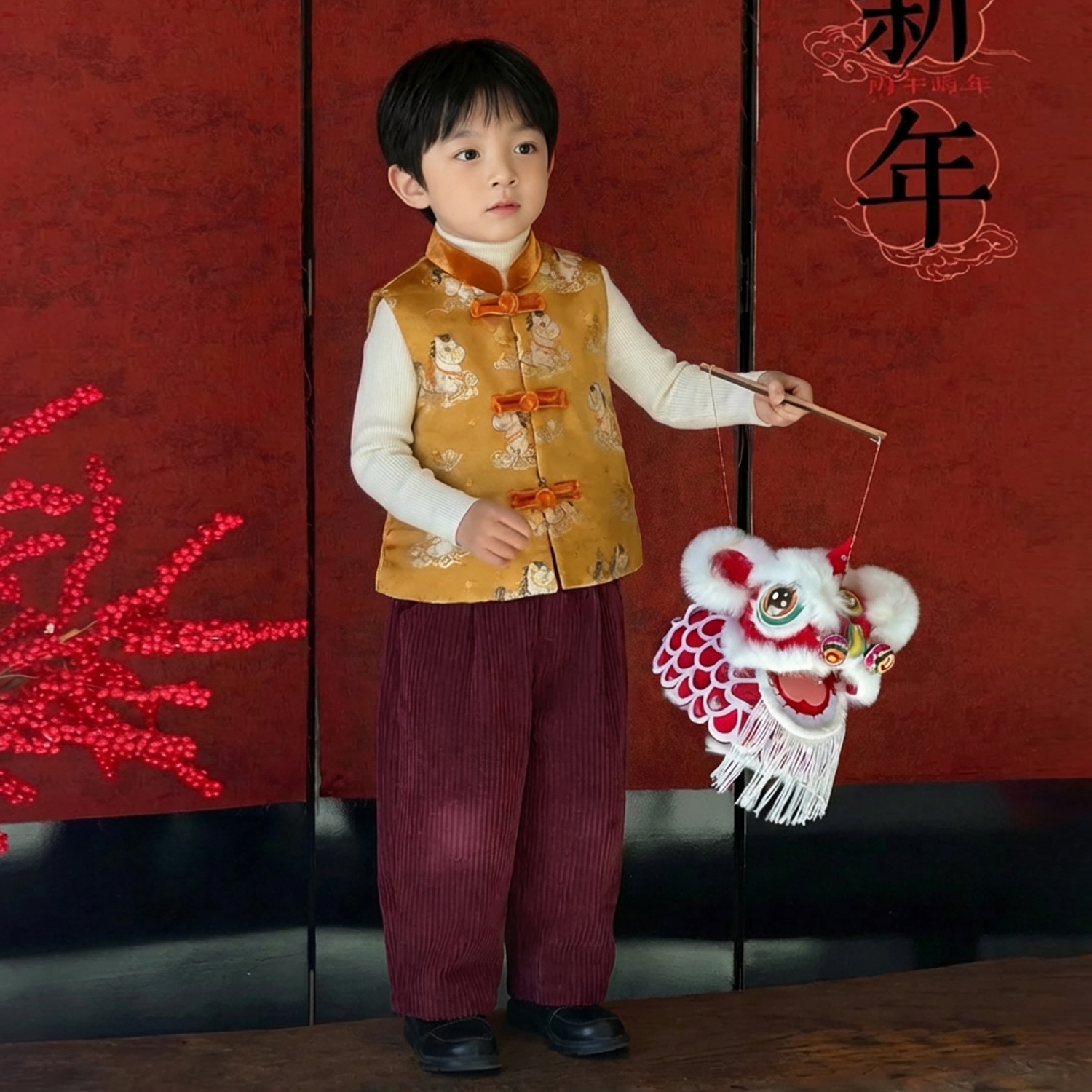 新中式国风儿童唐装马甲秋冬季男女宝宝马年织锦缎背心马年拜年服