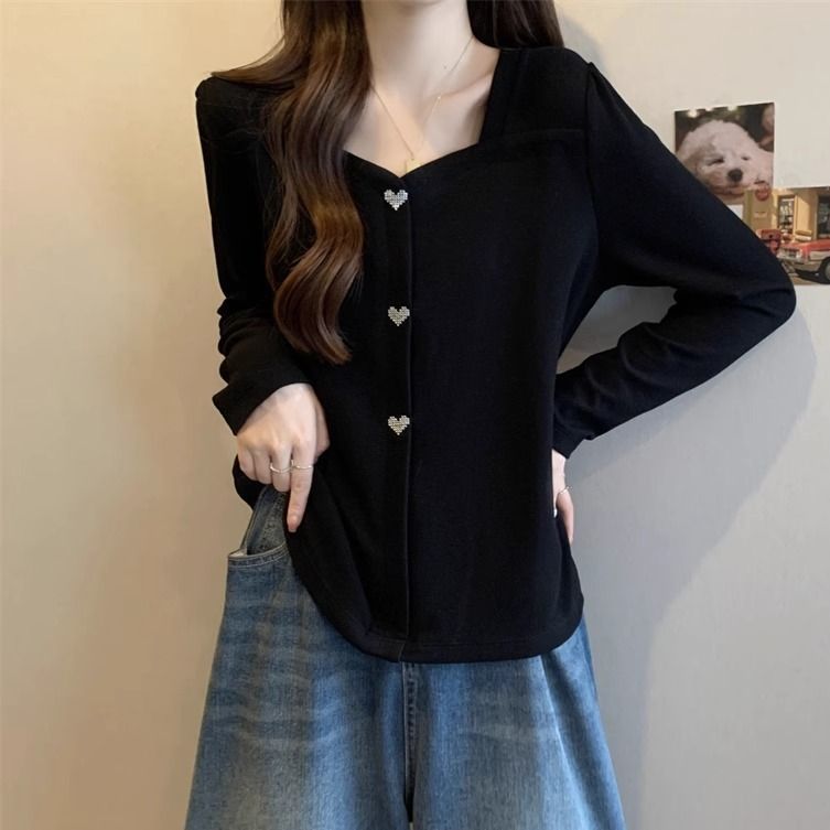 大码胖mm设计感方领拼接长袖t恤女2025春秋新款洋气显瘦遮肉上衣