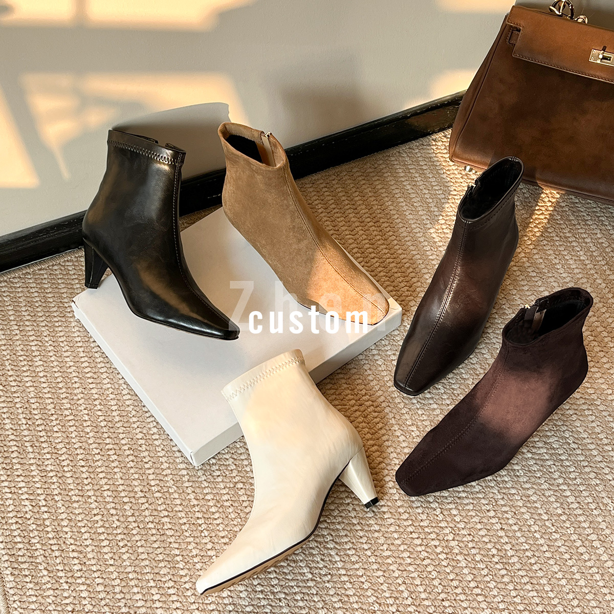 ZZ【柏树】短靴5.5cm（13cm筒高）细跟都市百搭休闲通勤拉链短靴