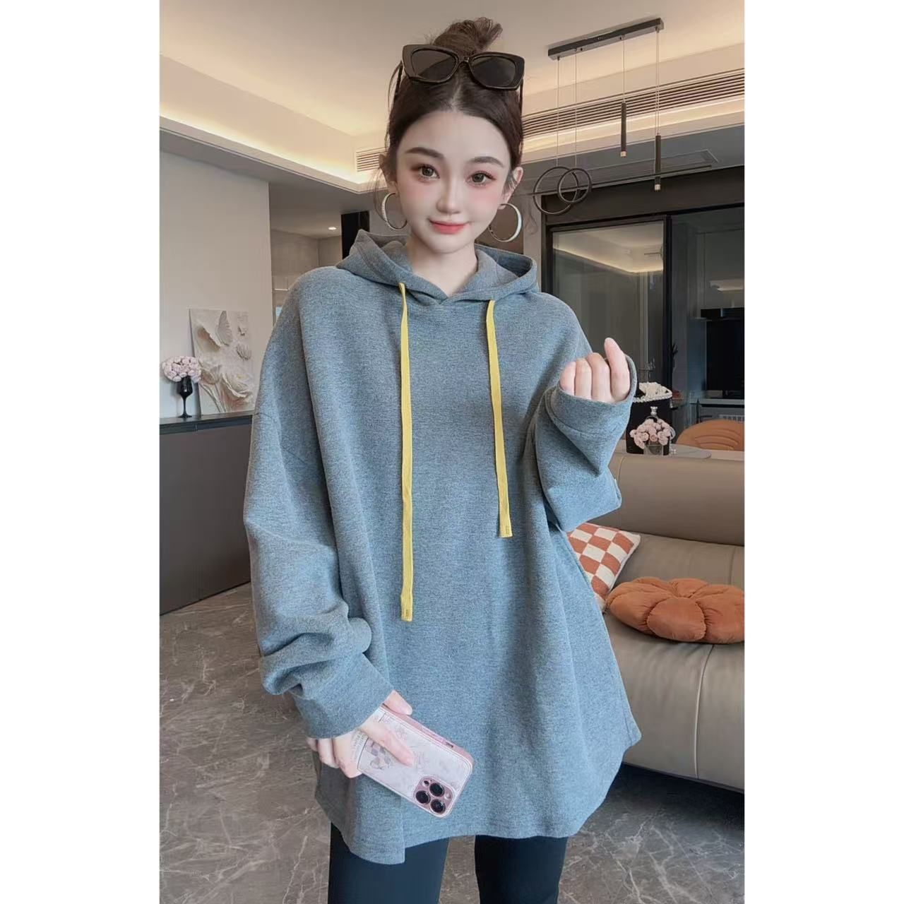 纯色长袖宽松套头中长款连帽卫衣双面绒秋冬大版帽衫5052