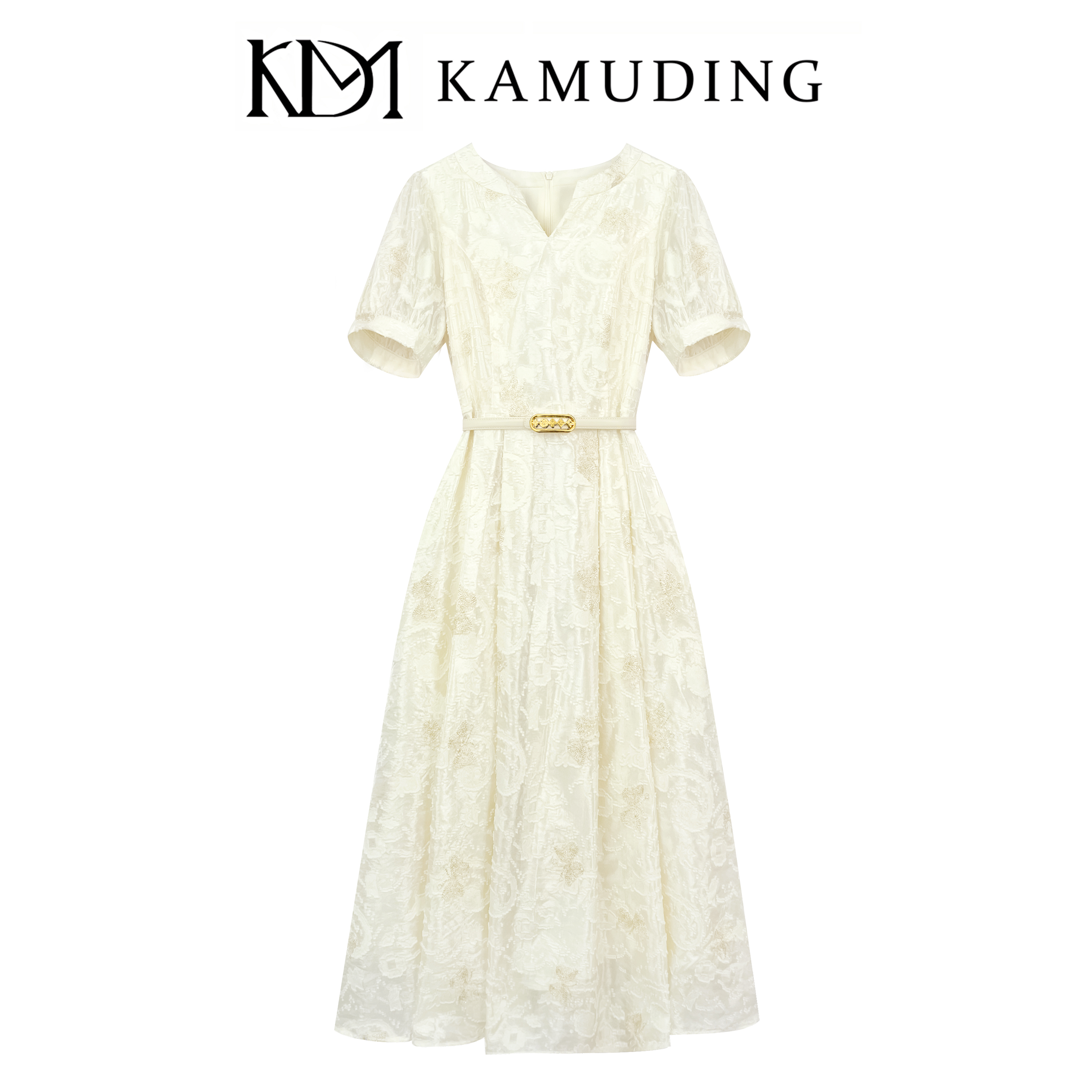 【YF】KAMUDING2025夏季温柔杏大气创意奢华短袖连衣裙8809