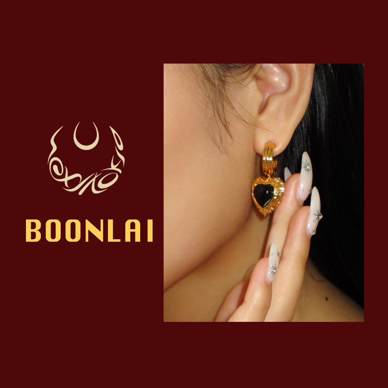 铜合金耳饰 Boonlai 春夏黑色爱心时尚金属耳环1444