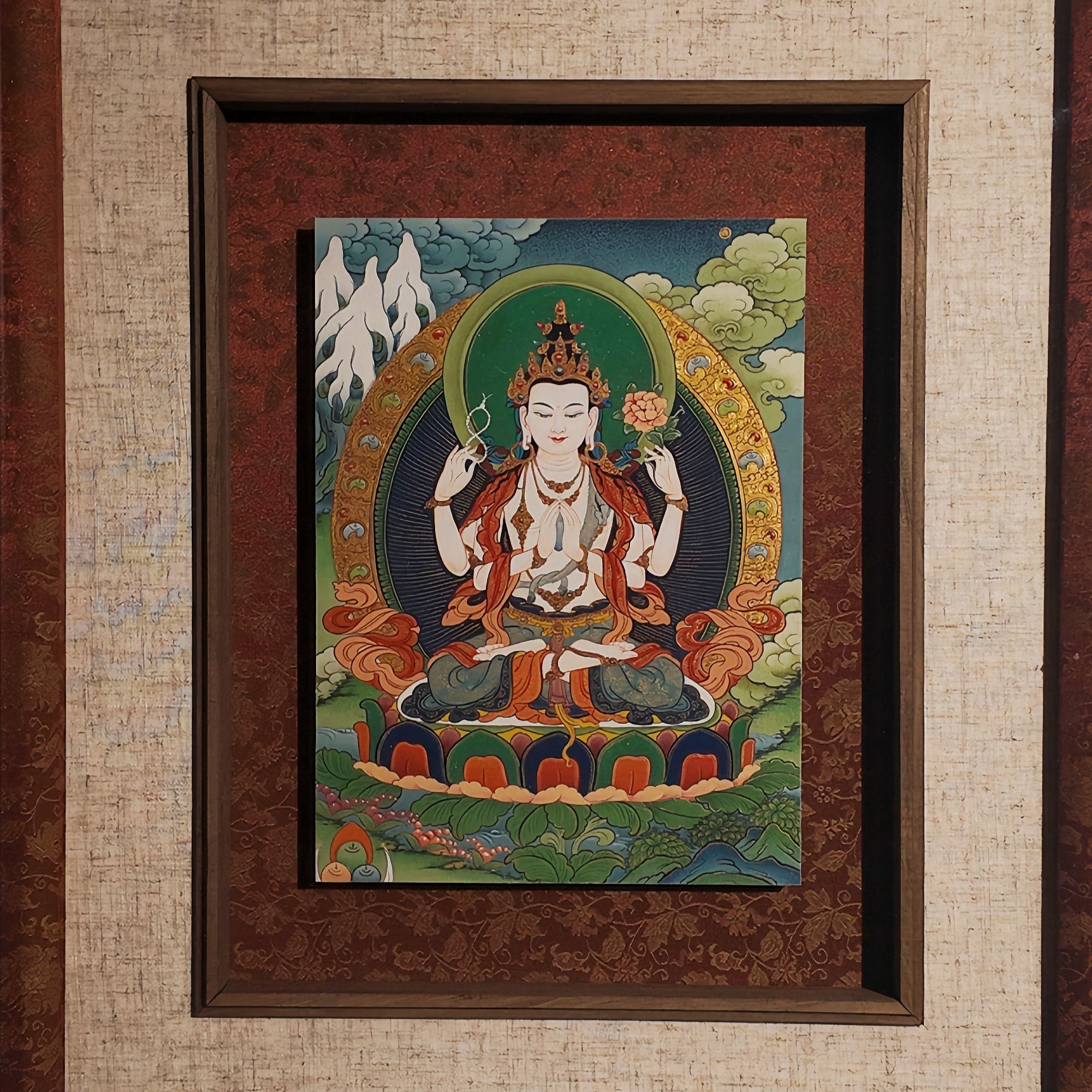 【玄子唐卡】三怙主 四壁观音文殊金刚手壁画框64×47cm纯手绘
