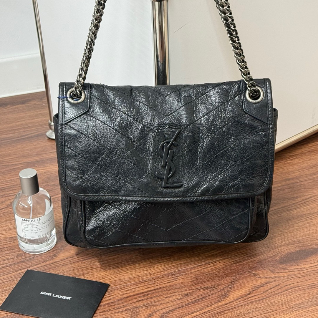 95新 YSL/圣罗兰 Ysl 黑银 牛皮 niki中号/631861326