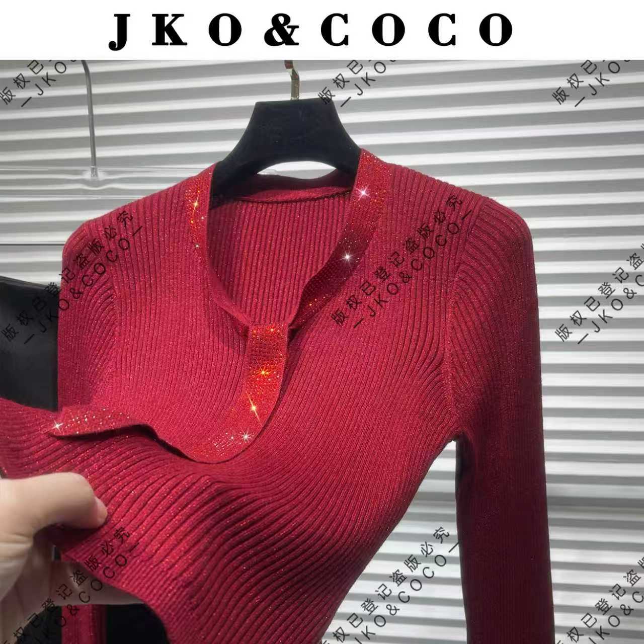 JKO&COCO【巴黎夜曲】加厚保暖系列进口水晶纱烫钻毛针织衫长袖