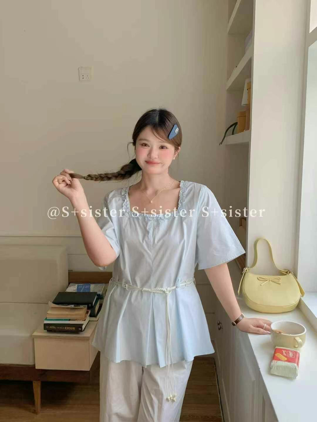 909夏季新款收腰显瘦小个子法式圆领短袖衬衫女设计感上衣