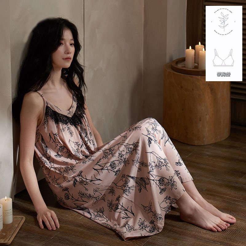 睡裙女夏季莫代尔棉带胸垫蕾丝边性感法式可外穿高档连衣裙睡裙夏
