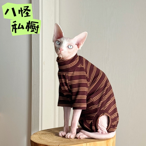 手工制作无毛猫德文猫冬季德绒高弹透气针织棕色条纹四脚衣