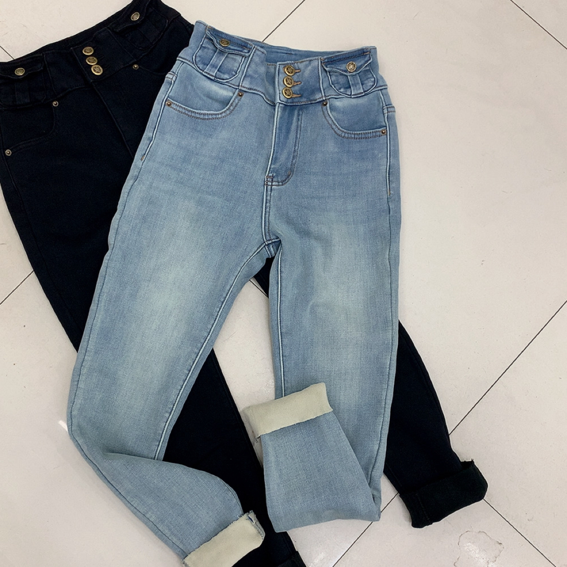 冬季加厚高腰弹力显高显瘦毛边小脚裤时尚百搭［裤长 98公分左右］