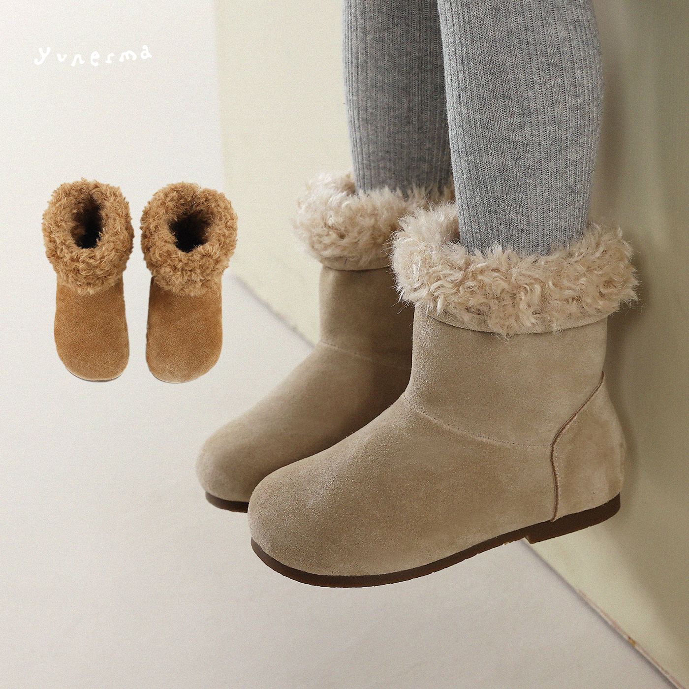 允儿妈女童冬季新款复古加厚羊羔毛一脚蹬雪地靴宝宝保暖棉靴棉鞋