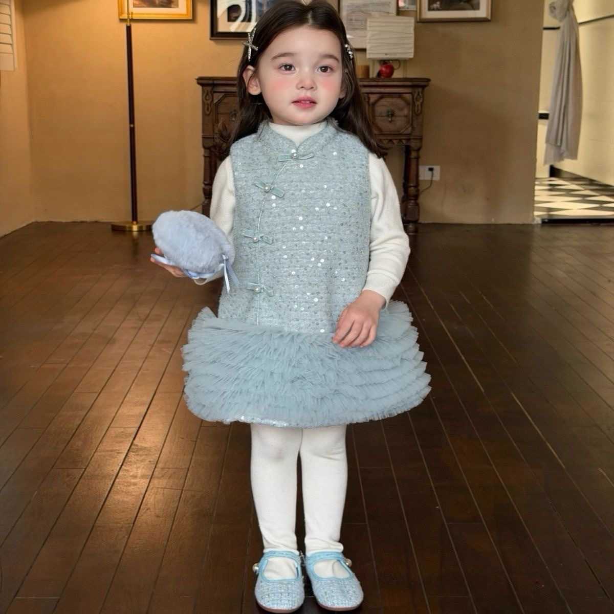 新中式国风新年亮片旗袍背心裙甜美女童加绒蓬蓬裙