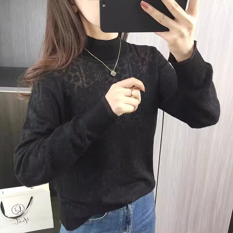【加厚~蕾丝打底-黑色】半高领针织打底衫女加厚内搭蕾丝薄款毛衣