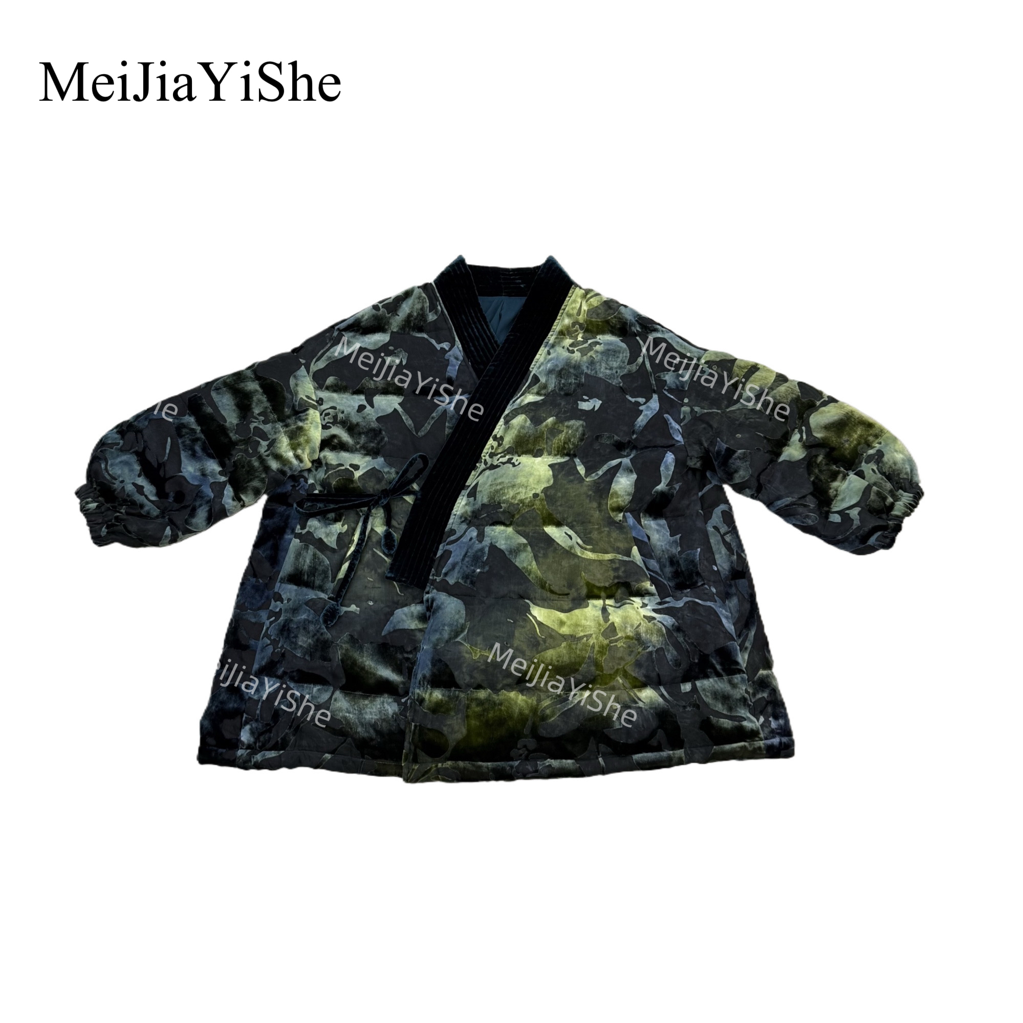 梅家2025冬季新款复古提花桑蚕丝偏襟系带鹅绒服