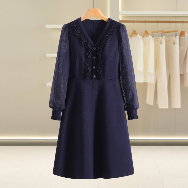 B1100-【珂】木耳边V领收腰纯色连衣裙#1ZKL57L137