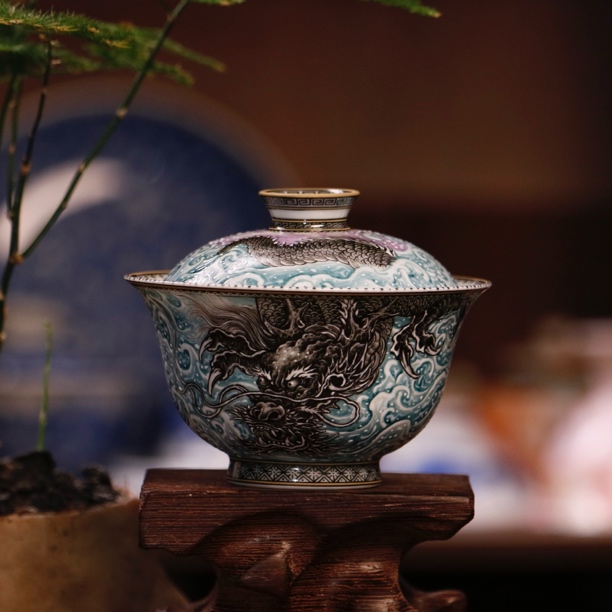 景德镇青言雅玩纯手工手绘描金堆白墨龙纹两才盖碗茶杯陶瓷茶具