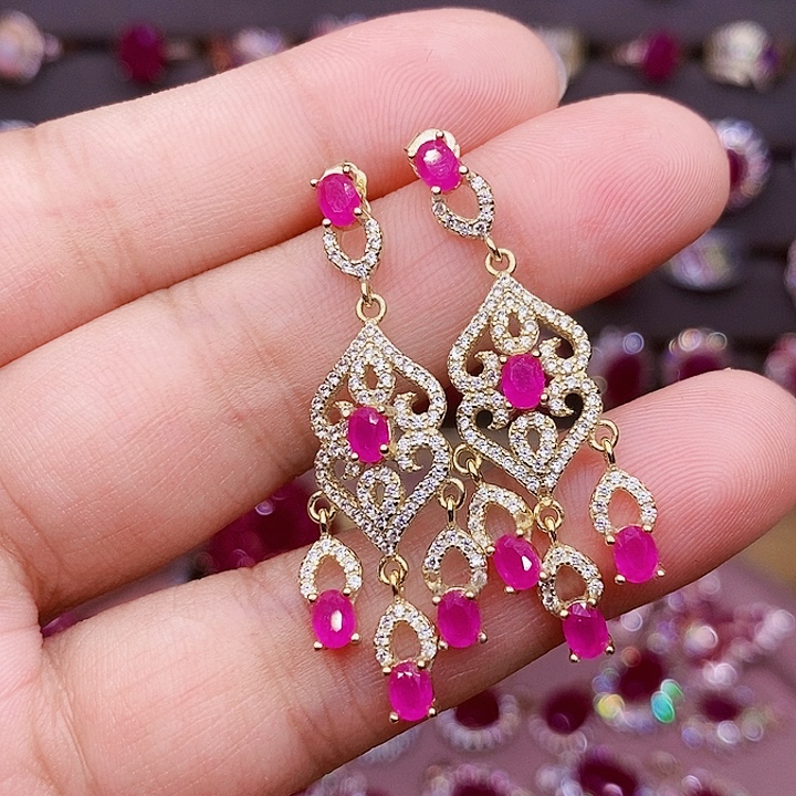 耳饰银S925镶嵌红宝石