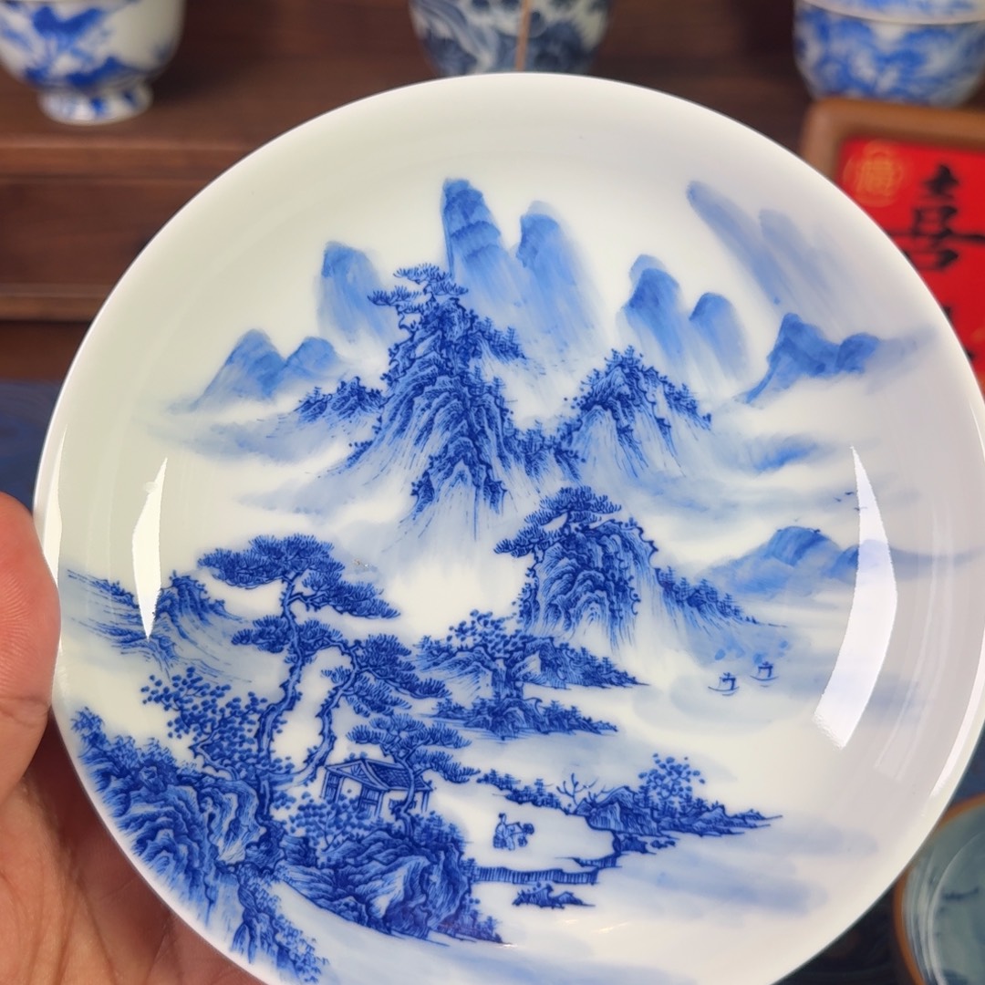 景德镇全手工手绘青花山水壶承