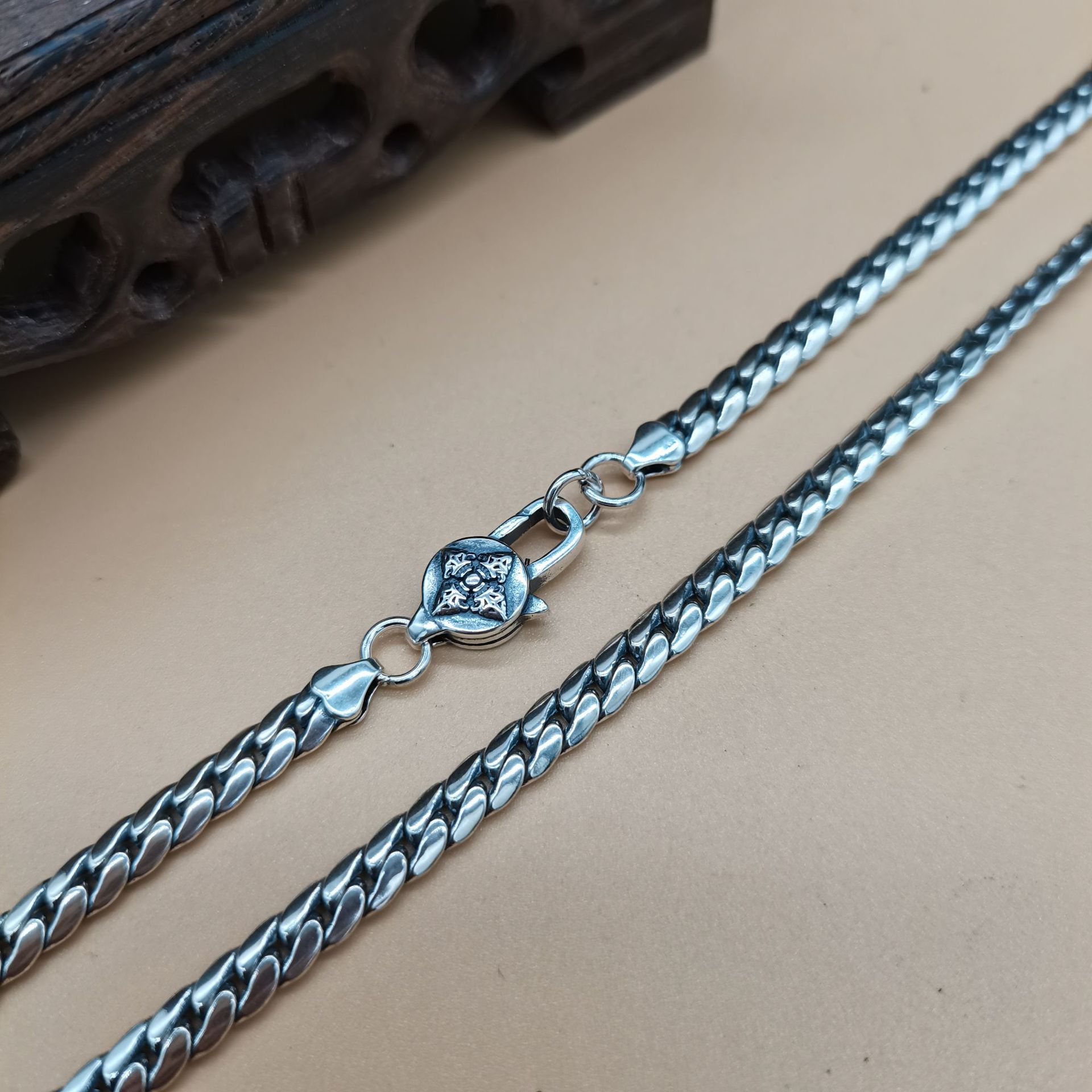 链子925银 925纯银古巴项链复古泰银工艺扁蛇链男女情侣款竹节链 