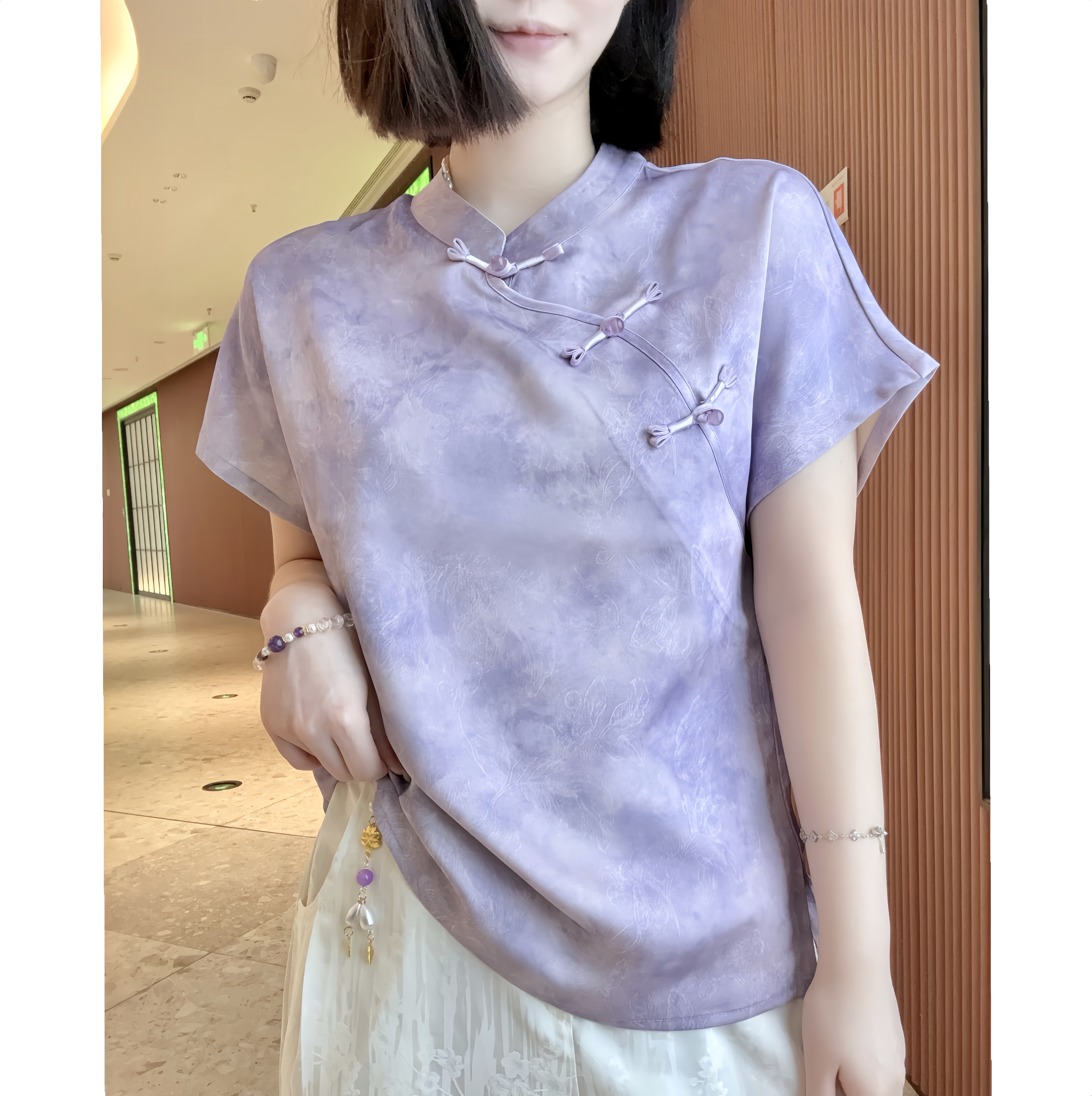 【紫梦颜】短袖新中式小衫丝滑舒适女装百搭透气精致提花显瘦洋气