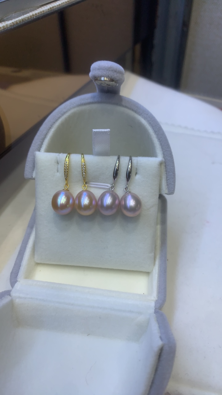 天然淡水珍珠耳环 9-10mm 胖米粒(粉紫色) 基本无暇 S925银钩