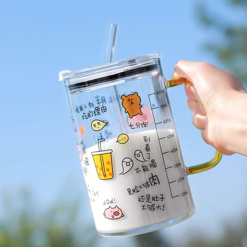 玻璃吸管杯耐热玻璃杯茶杯随手杯带把水杯子花茶杯早餐牛奶杯