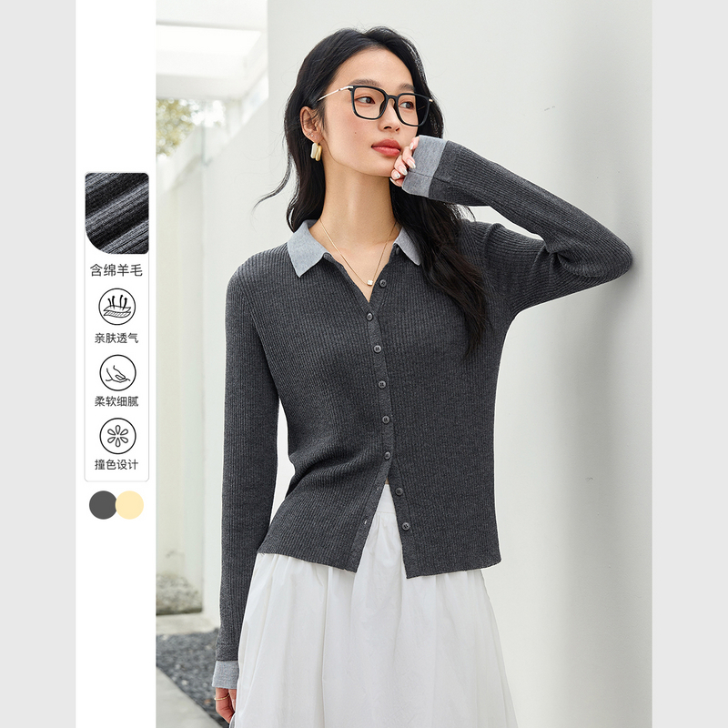 梵希蔓羊毛混纺翻领针织开衫女撞色修身打底长袖短款上衣73795