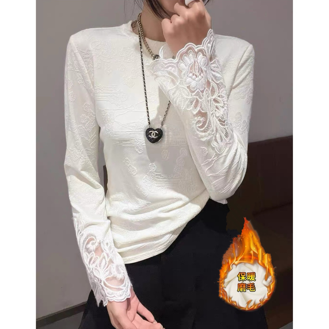 D999-3242【揽月】2025秋冬新中式磨毛加绒提花修身显瘦打底衫女