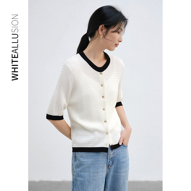 清仓 1806 针织开衫女短款2024夏季新款复古撞色高级感短袖上衣女