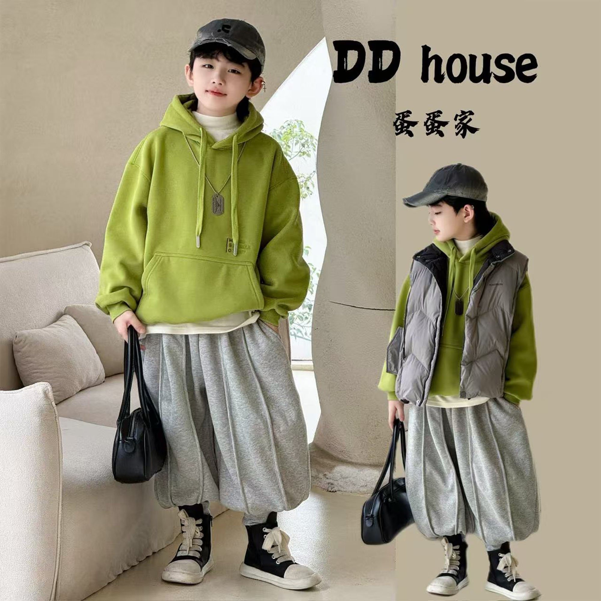 蛋蛋家【冬日绿意】25359冬季新款洋气青草绿字母连帽加绒卫衣