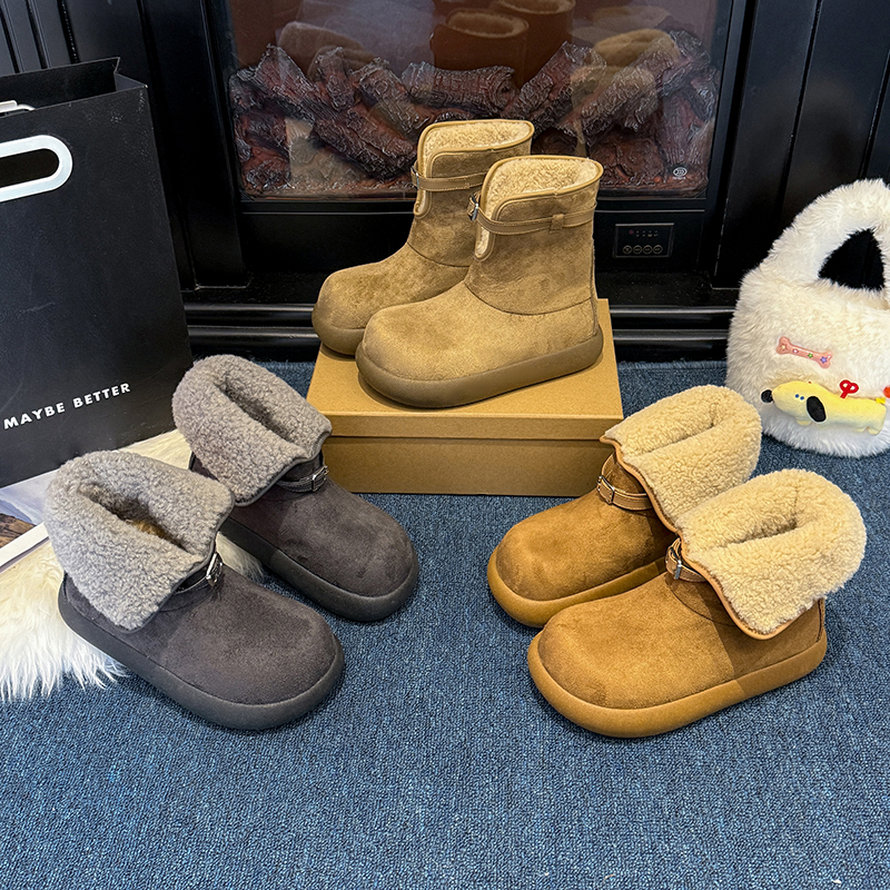两穿加绒雪地靴女百搭棉靴平底保暖棉鞋冬季新款大土豆毛口休闲靴