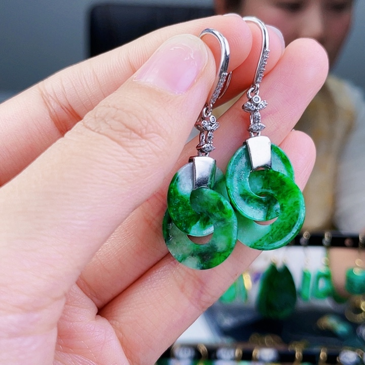 翡翠耳饰银S925镶嵌饰品